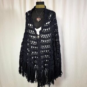 Black Crochet Fringe Shawl / Open Cardigan – One Size (Fits S–L)